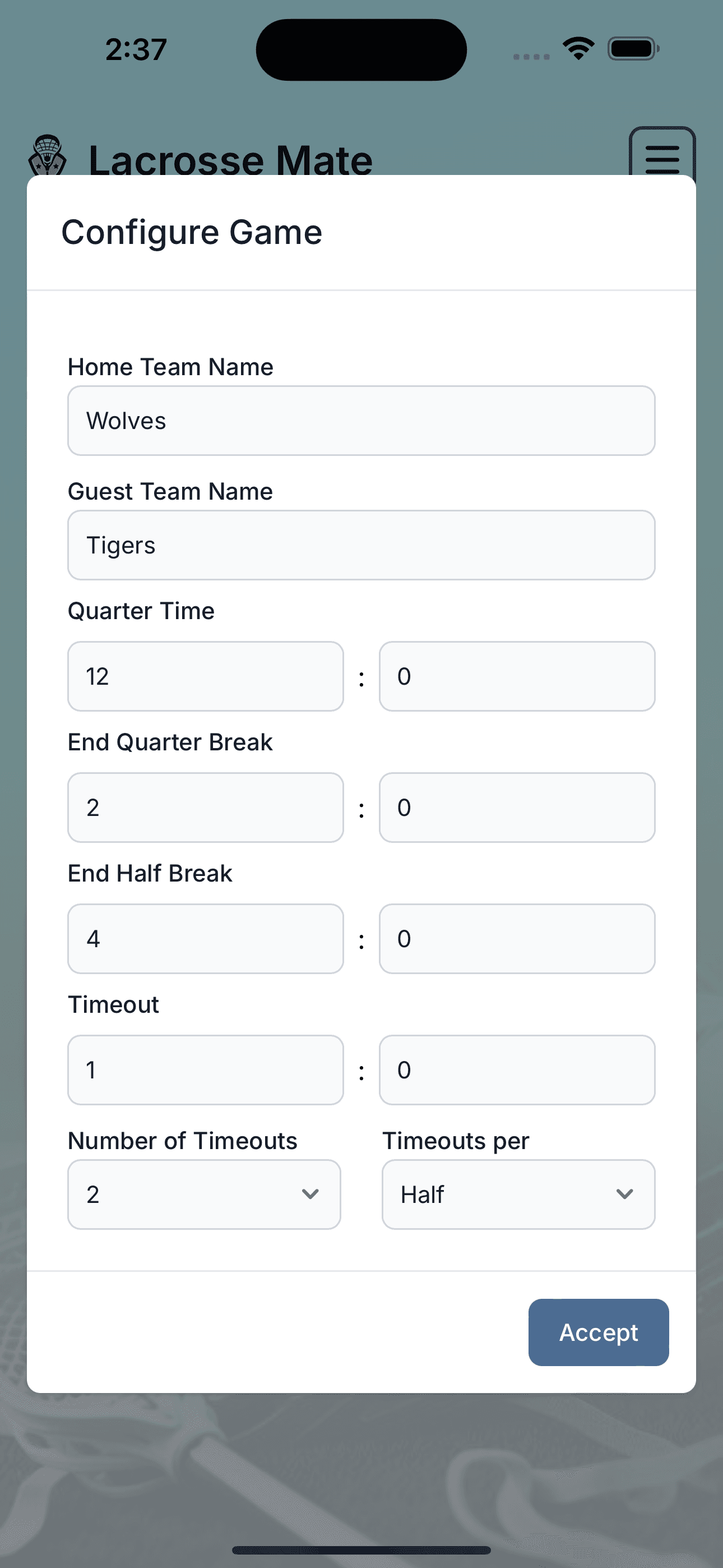 Lacrosse Mate - Configure Game
